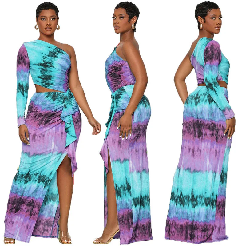 Women'S Fashion Sexy Tie Dye Printed Slanted Shoulder One Side Long Sleeve Slit Dress