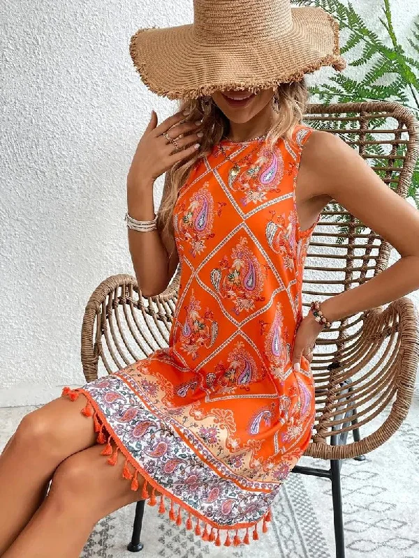 Women's Printed Round Neck Tassel Hem Dress