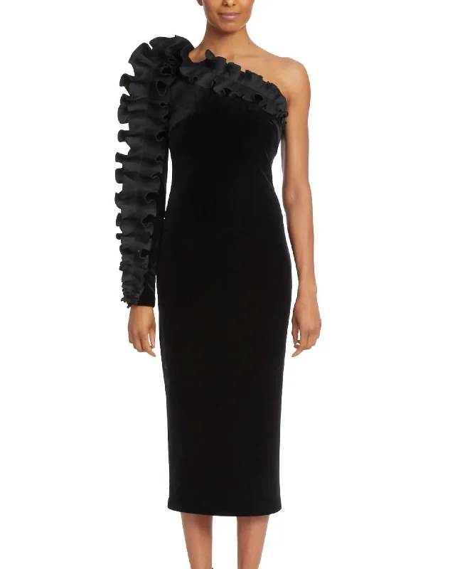 80'S Pleated Ruffle Velvet Dress In Black | Black