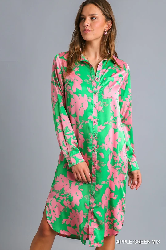 Apple Mix Satin Button Up Dress