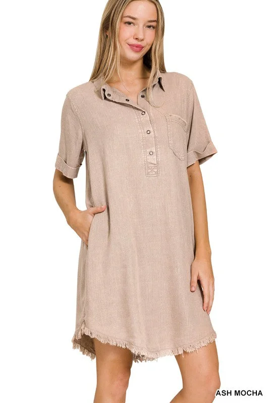 Ash Mocha Washed Linen Raw Edge Dress