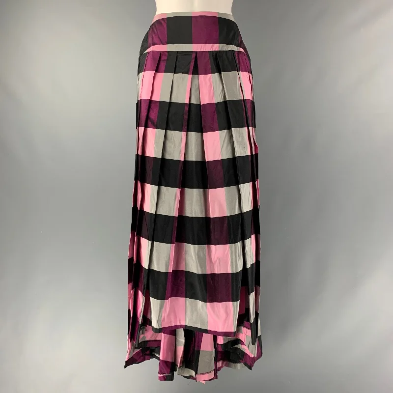 BALMAIN Size 6 Pink, Purple, Black & Grey Silk Checkered Pleated Long Skirt