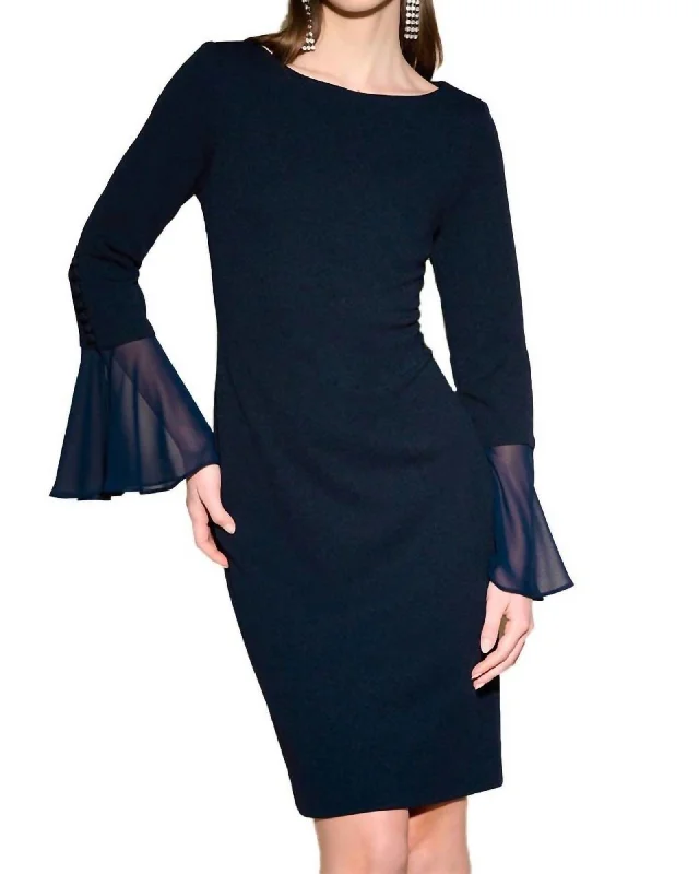 Bell Sleeve Sheath Dress In Midnight Blue | Midnight Blue