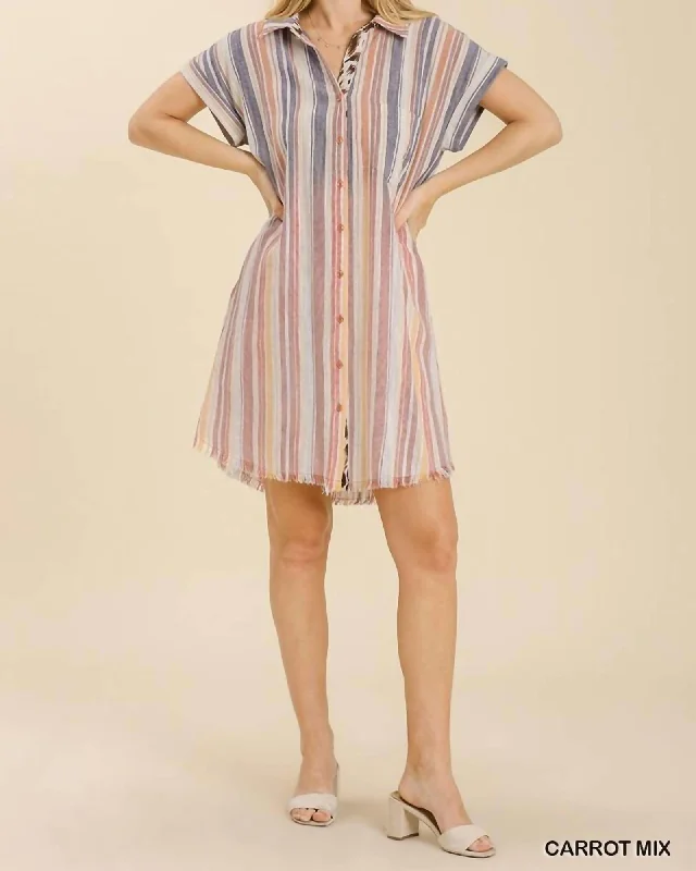 Bleached Stripe Collared Dress In Carrot Mix | Carrot Mix