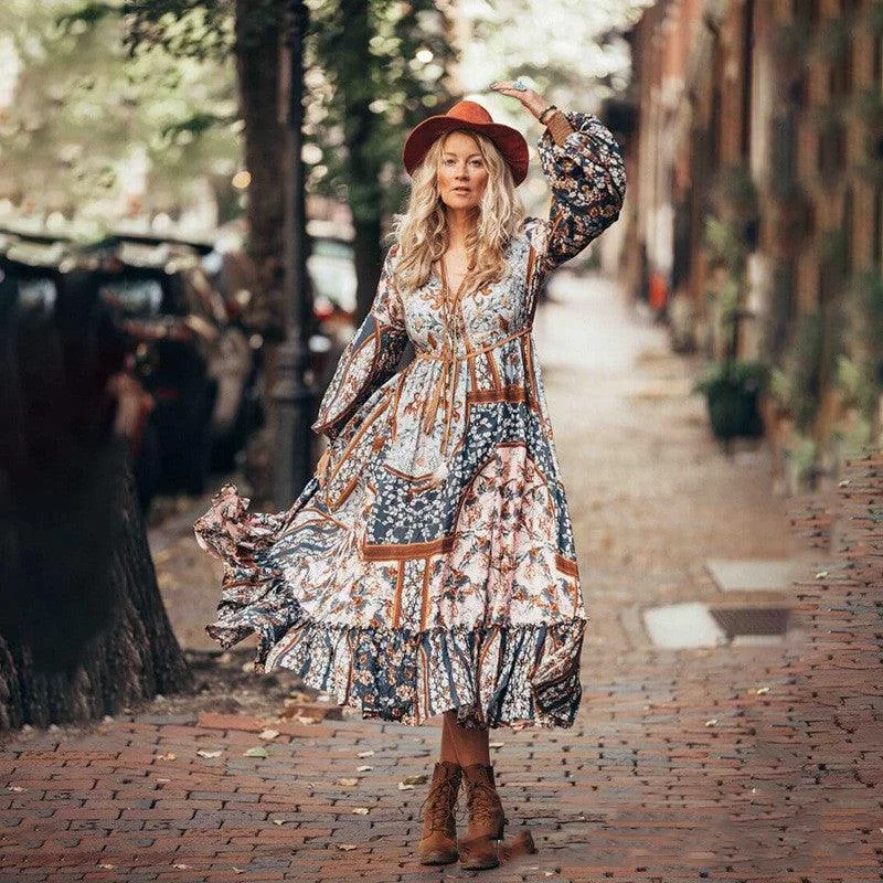 Bohemian Long Skirt Puff Sleeve Mid-Waist Brown Long Printed Dress