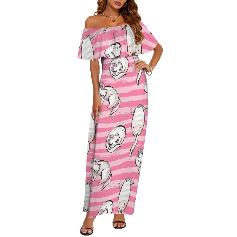 Cats Pink Women's Off Shoulder Ruffle Boat Neck Dress (Model D71)