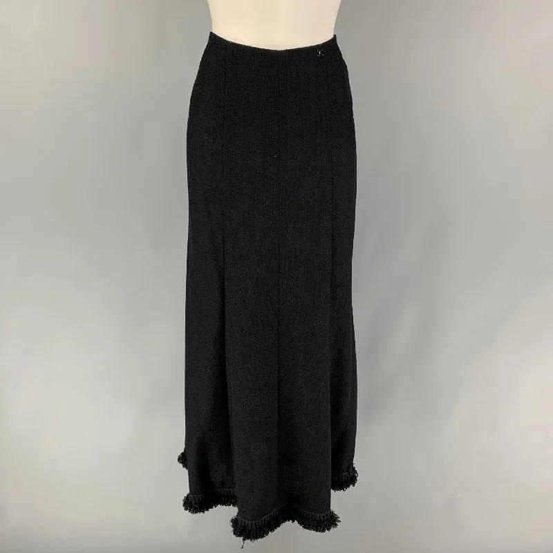 CHANEL Size 4 Black Wool Blend Textured Long Skirt