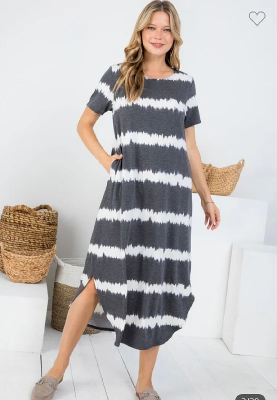 Charcoal Tie Dye Stripe Pocket Dress