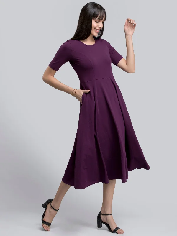 Cotton Round Neck Knitted Fit And Flare Dress - Purple