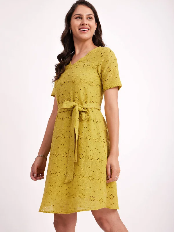 Cotton Schiffli A-Line Dress - Lime