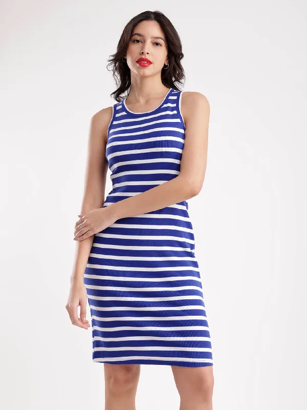 Cotton Striped Dress - Blue And White