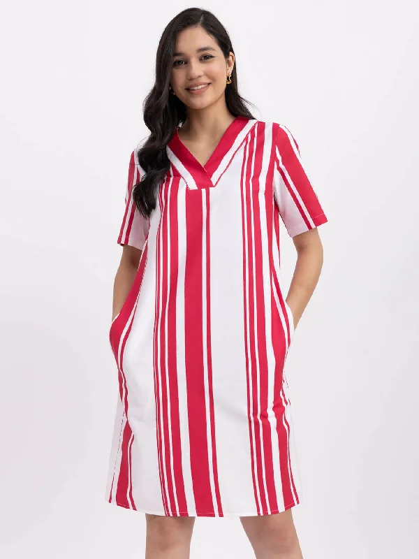 Cotton Striped Dress - Red And White