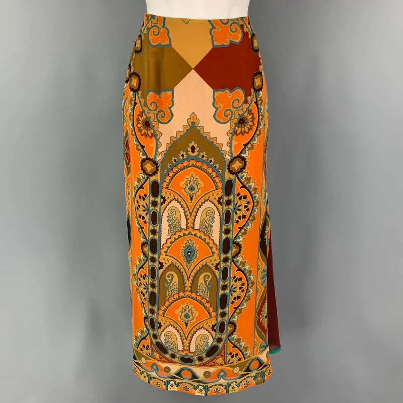 ETRO Size 6 Orange Multi-Color Silk Paisley Long Skirt