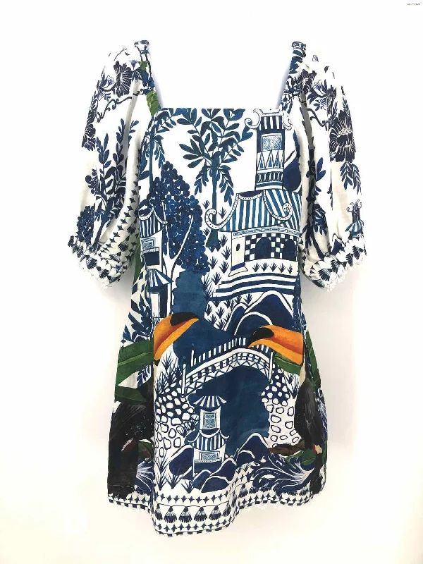 FARM RIO White Blue Toucan Puff Sleeves Size X-SMALL Dress