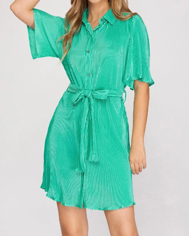 Half Sleeve Plisse Button Down Dress In Green | Green