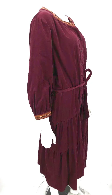 JOHNNY WAS Burgundy Corduroy Embroidered Trim w/belt Size X-LARGE Dress