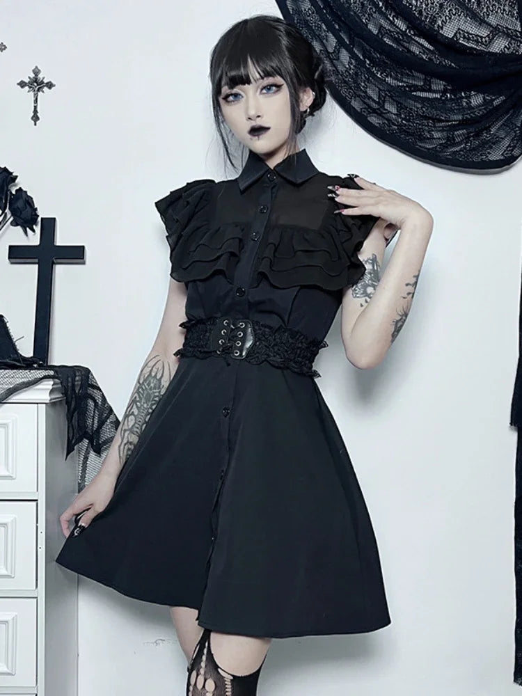 Gothic Mall Harajuku E-Girl Dress Mesh Patchwork Black Slim A-Line Sexy Grunge Aesthetic Streetwear Dress