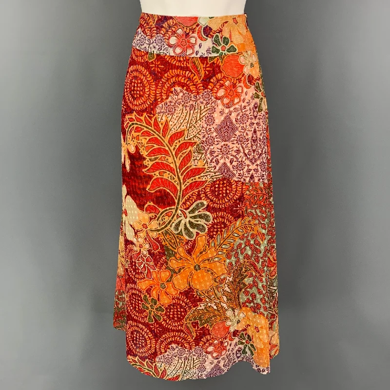 KENZO Size 0 Orange Multi-Color Silk Viscose Long Skirt