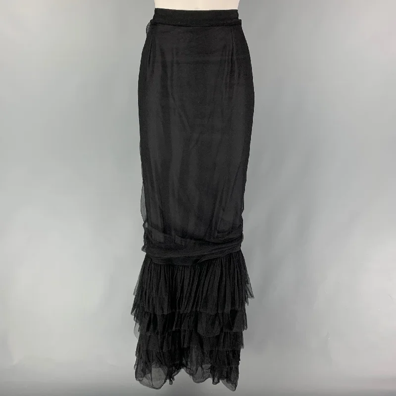 LANVIN Size 6 Black Silk Blend Ruffled Long Skirt