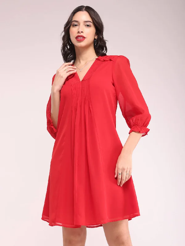 Pintuck A-line Dress - Red