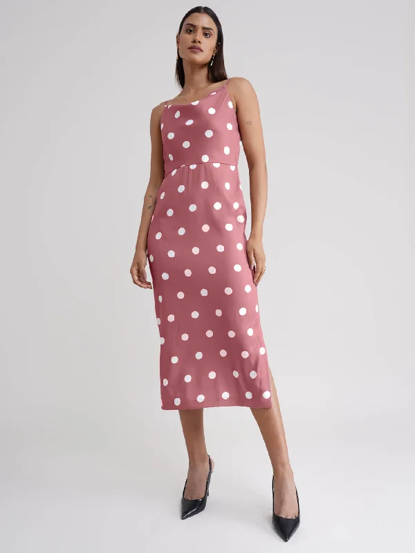 Polka Dot Cowl Neck Dress - Dusty Pink