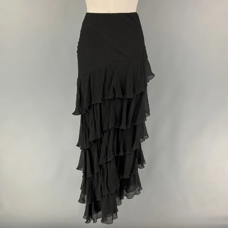 RALPH LAUREN Collection Size 10 Black Silk Ruffled Asymmetrical Long Skirt