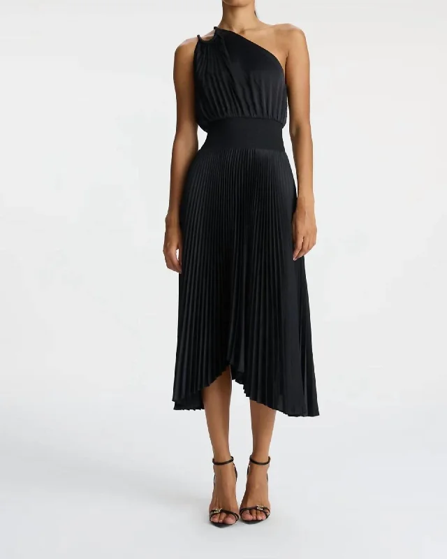 Ruby Satin Pleated Dress In Black | Black