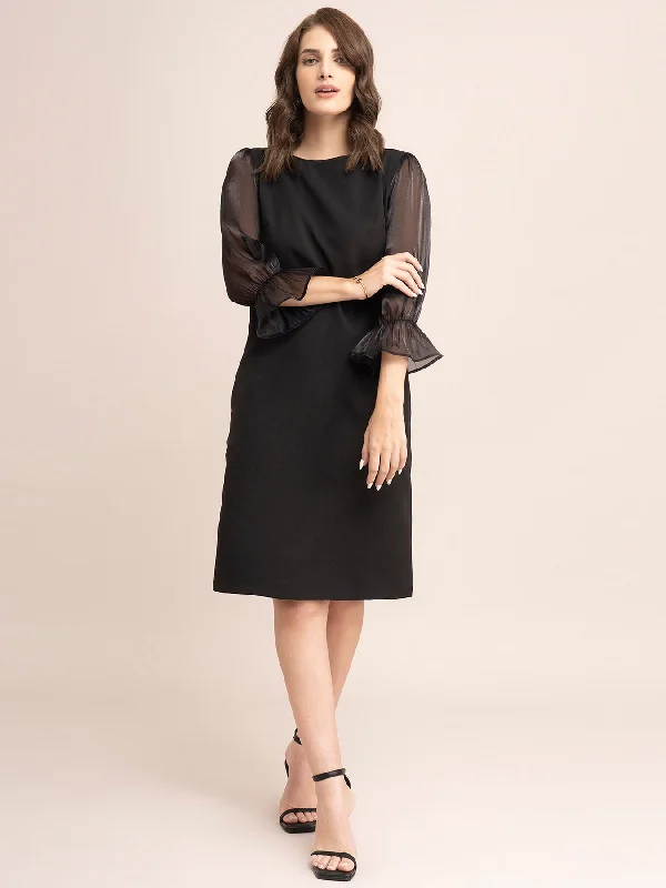 Ruffle Sleeve Shift Dress- Black