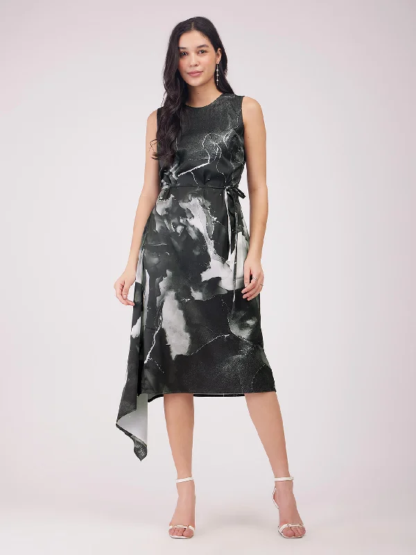 Satin Asymmetric Hem Dress - Black And Grey