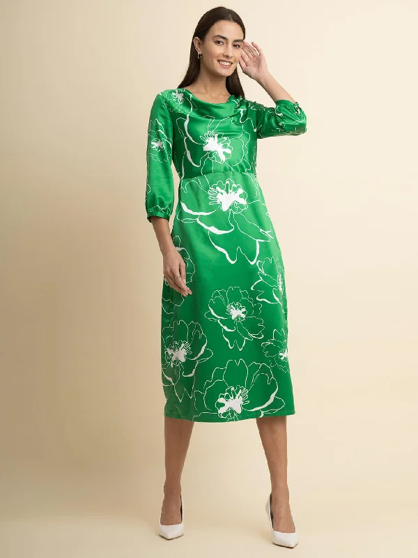 Satin Cowl Neck Dress - Green And White