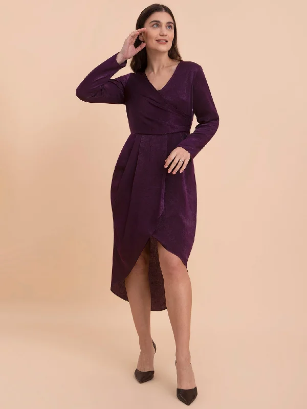 Satin Draped Detail A-Line Dress - Purple