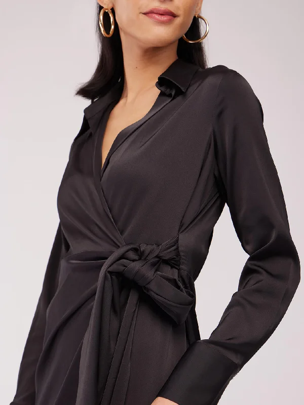 Satin Wrap Collared Dress - Black