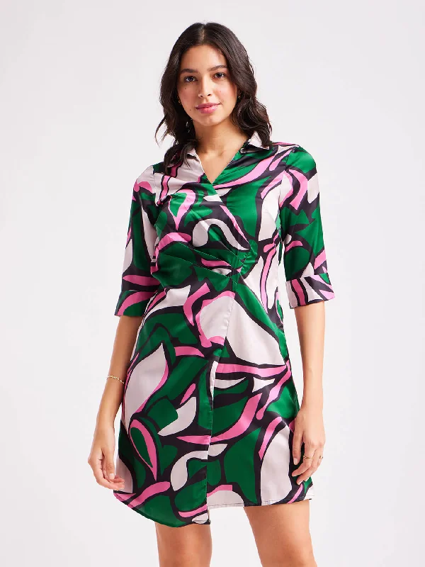 Satin Wrap Pleated Dress - Multicolour