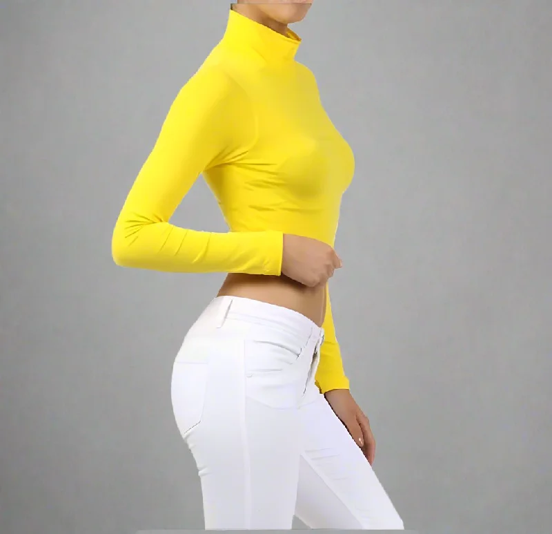 Solid long sleeve turtle neck cropped top with back zipper.