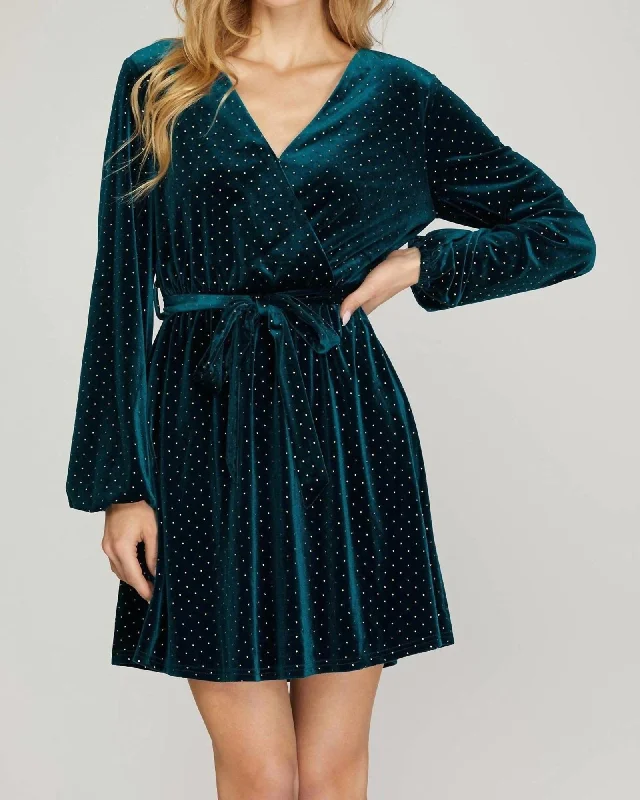 Surplice Dress With Gold-Dot In Teal Green Velvet | Teal Green Velvet