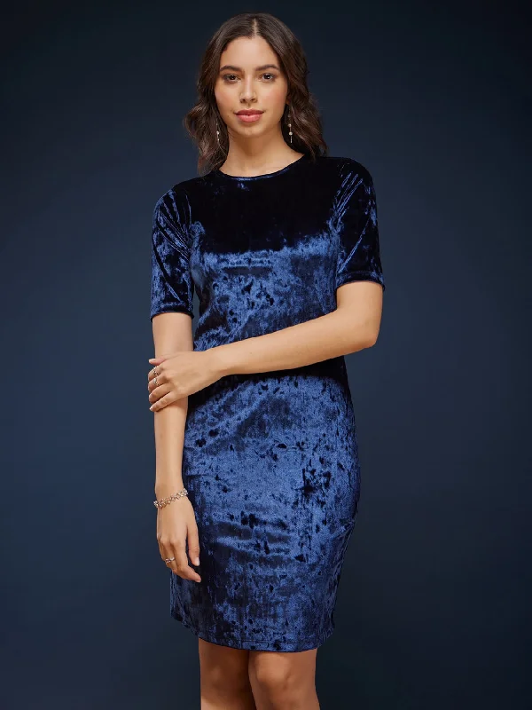 Velvet Round Neck Shift Dress - Navy Blue