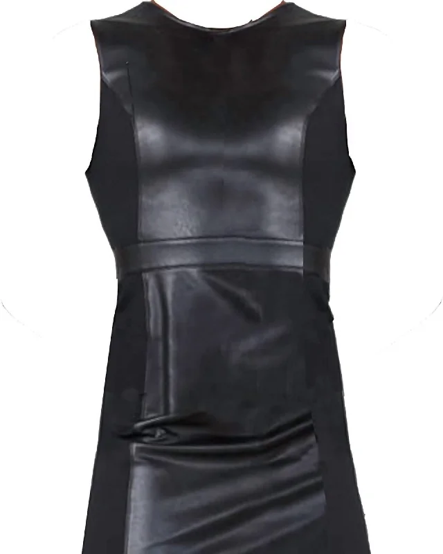 Womens Leather Like Sleeveless Mixed Media Sheath Dress In Black | Black