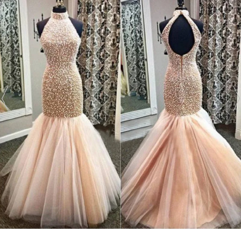 Champagne Mermaid Tulle Beading Mermaid Backless Corset Prom Dresses With Beading For Teens Gowns