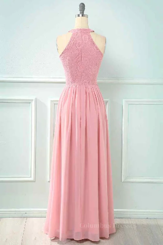 A-line Halter Lace Cut-Out Chiffon Long Bridesmaid Dress