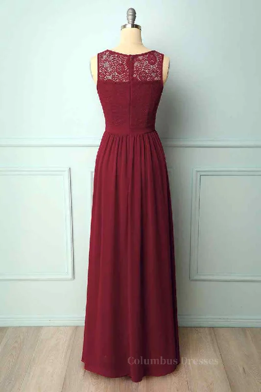 A-line Illusion Lace Neck Chiffon Long Bridesmaid Dress