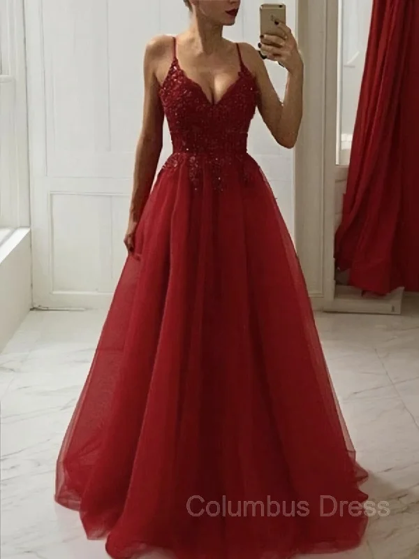 A-Line/Princess Spaghetti Straps Floor-Length Tulle Corset Prom Dresses With Appliques Lace outfit