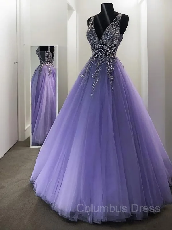 A-Line/Princess V-neck Floor-Length Tulle Evening Dresses With Beading outfit