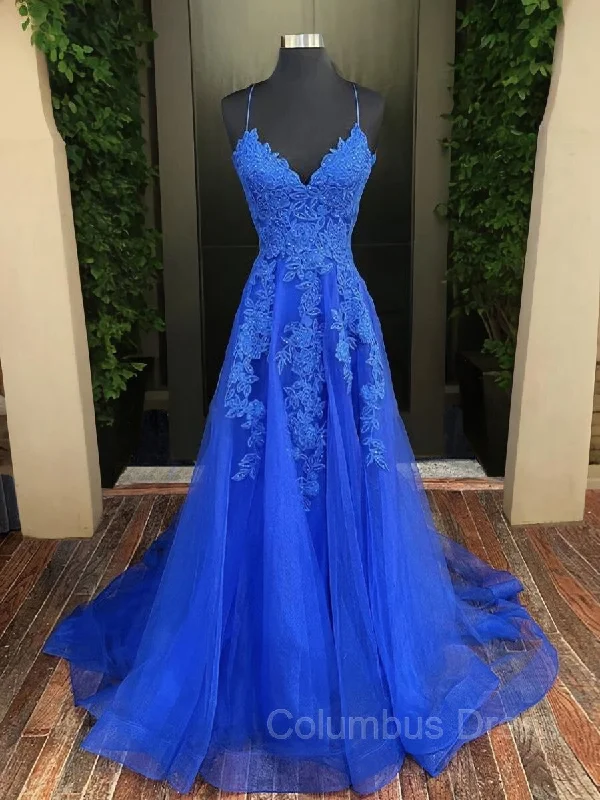 A-Line/Princess V-neck Sweep Train Tulle Evening Dresses With Appliques Lace outfit