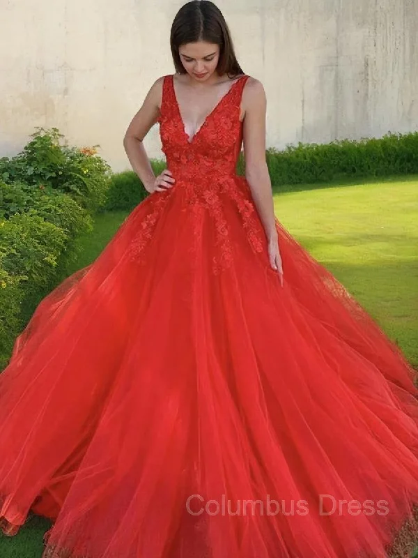 A-Line/Princess V-neck Sweep Train Tulle Evening Dresses With Appliques Lace outfit