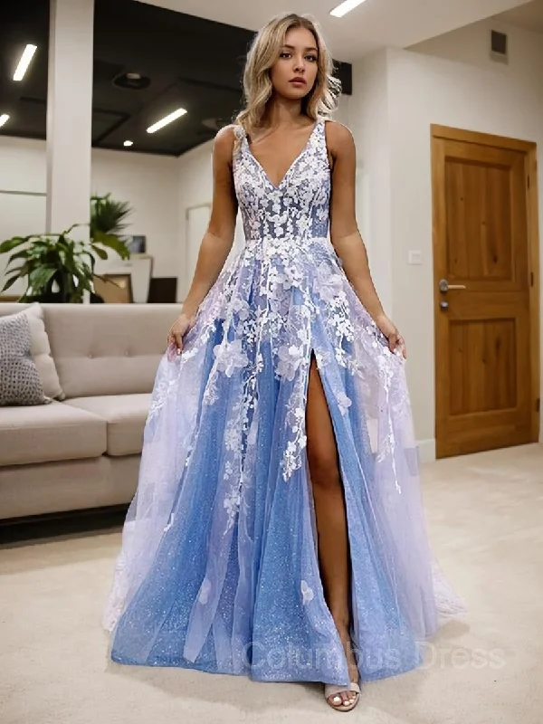 A-Line/Princess V-neck Sweep Train Tulle Corset Prom Dresses With Leg Slit outfit