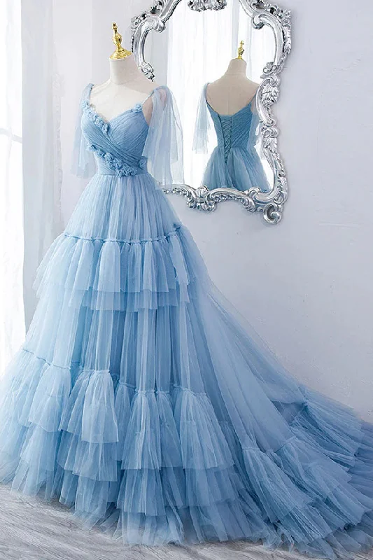 A Line V Neck New Style Tiered Long Tulle Corset Prom Dress, Evening Gown with Flower outfit