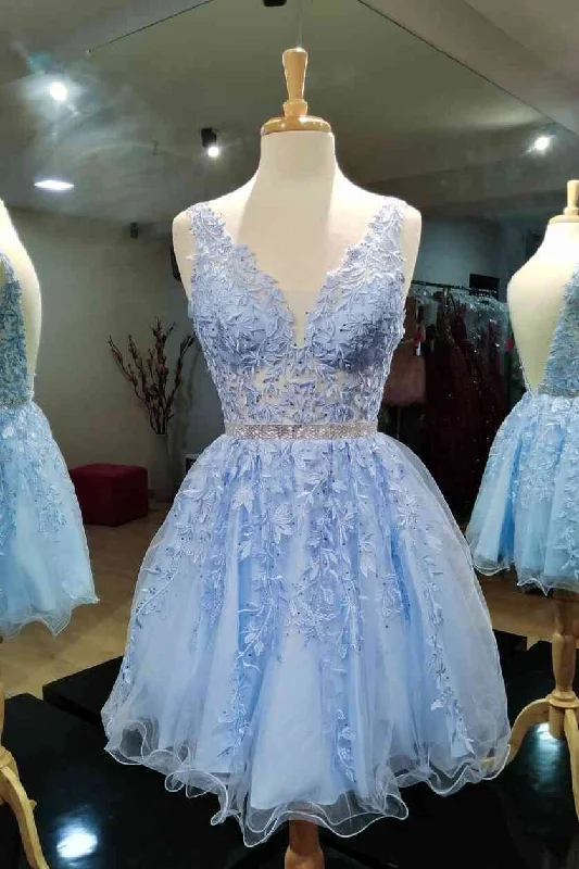 Backless Light Blue Lace Applique Short Corset Homecoming Dresses outfit