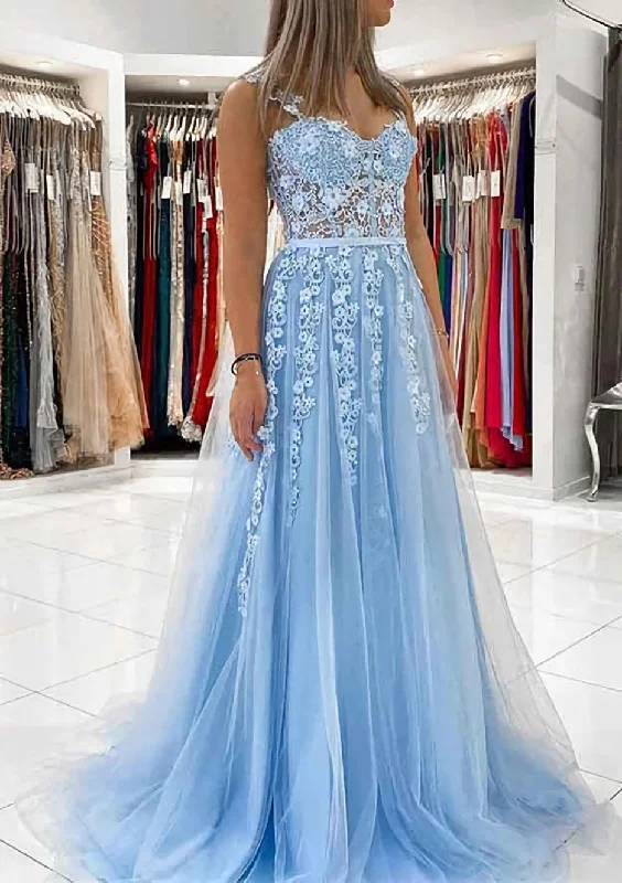 Ball Gown Princess Sweetheart Tulle Sweep Train Corset Prom Dress With Appliqued Lace outfit