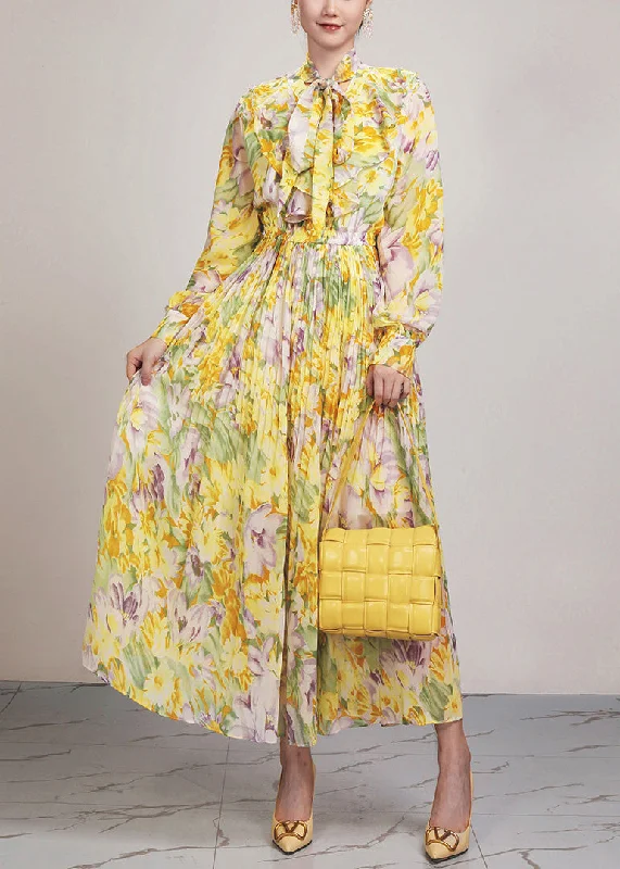 Beautiful Yellow Print Lace Up Chiffon Long Dress Long Sleeve AR1037