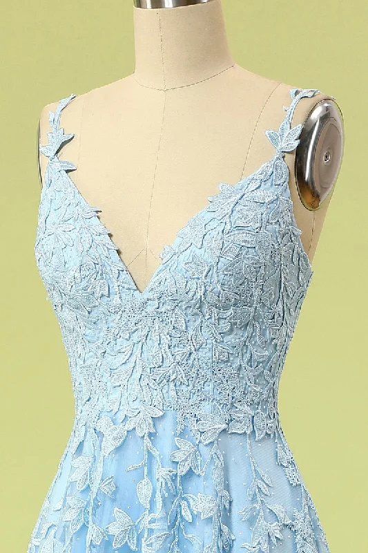 Blue Lace Appliques A-line Long Formal Dress